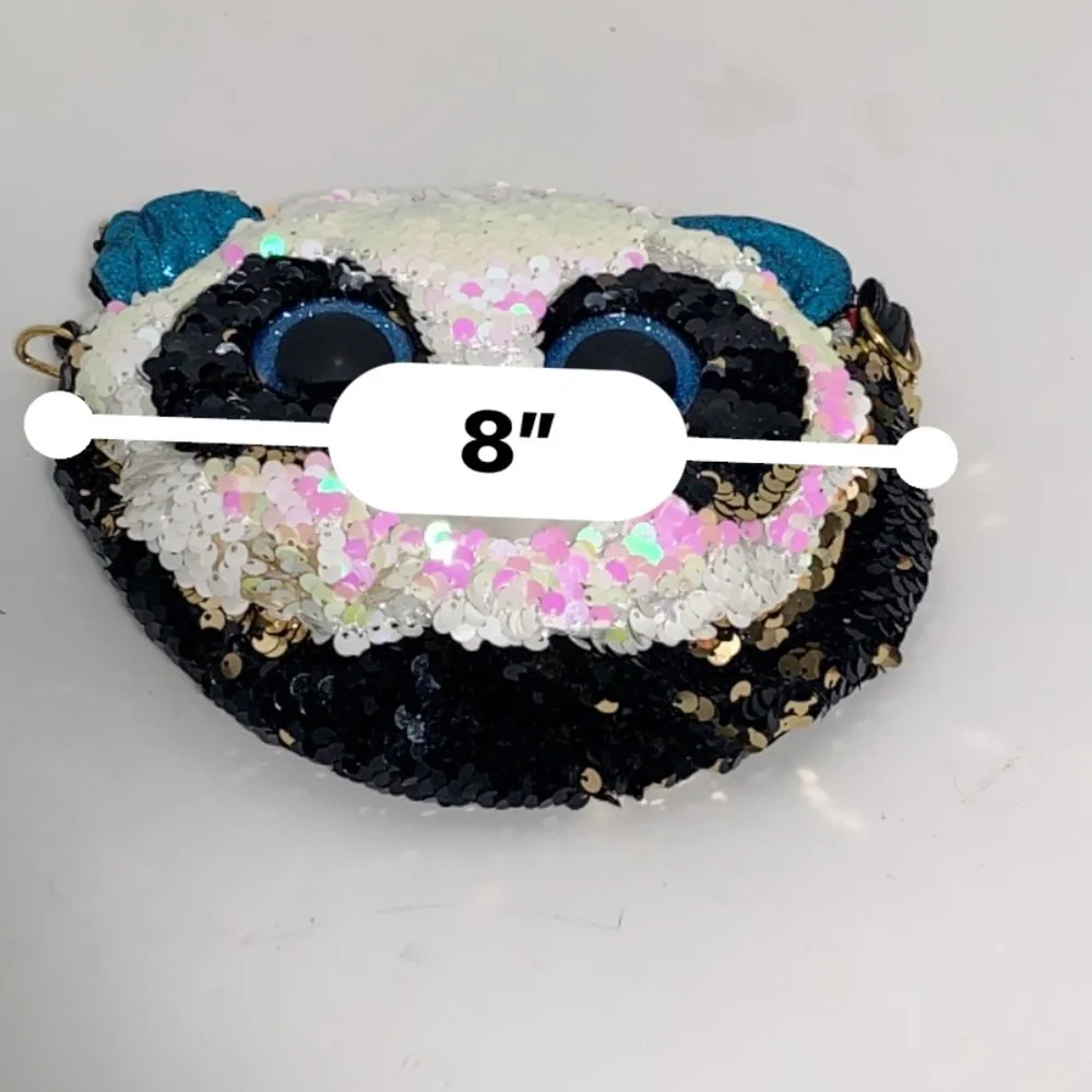 Ty Sequin Panda‎ Face Bag Purse 8” Reversible Sparkle Sequins Plush Blue Eyes